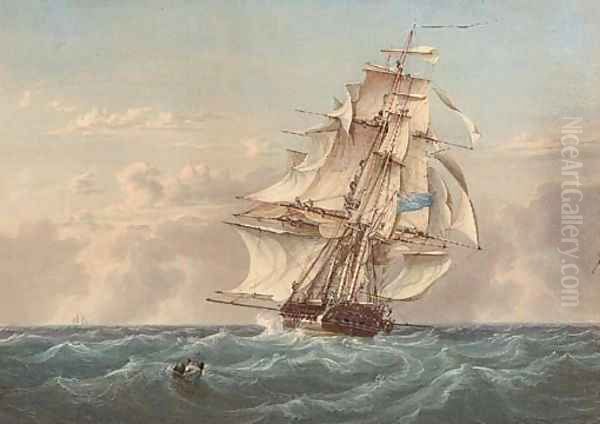 A Royal Naval two-decker heaving-to to pick up a man overboard Oil Painting by William Joy