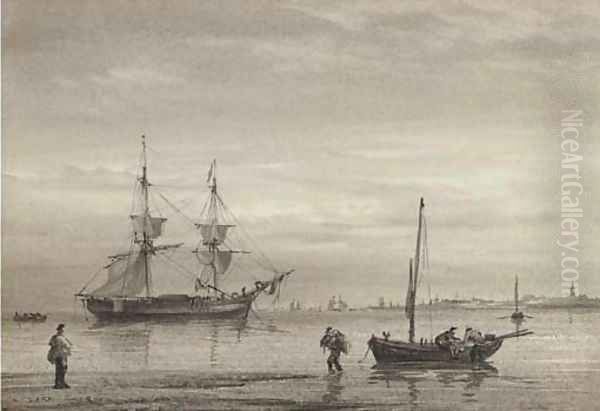 A trading brig lying at anchor off Yarmouth Oil Painting by William Joy