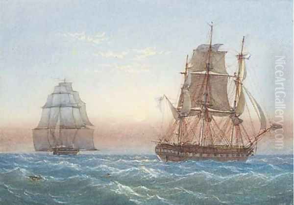 Three masted frigates in choppy seas Oil Painting by William Joy