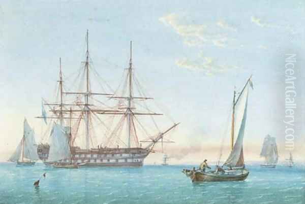 A Royal Naval two-decker lying in Spithead with small craft nearby Oil Painting by William Joy