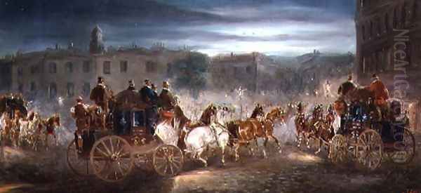 Evening Coaching Scene in a town Oil Painting by J.J. Jones