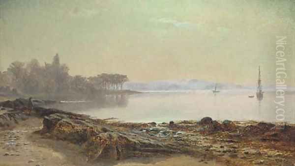 Looking across the lake on a calm day Oil Painting by Robert Jobling