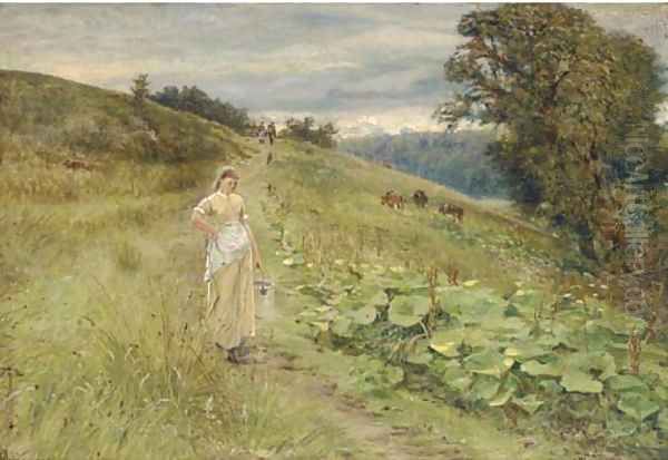 A milkmaid in a meadow Oil Painting by Robert Jobling