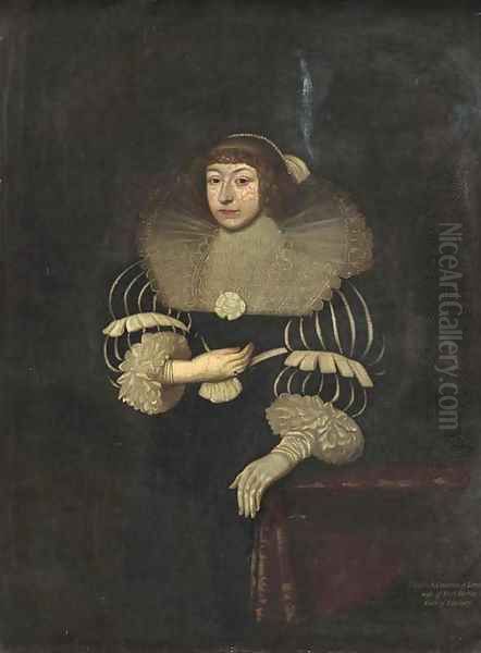 Portrait of Elizabeth, Countess of Lyndsey, three-quarter-length in a black and white dress and a lace ruff, a glove on her left hand Oil Painting by Johnson, Cornelius I