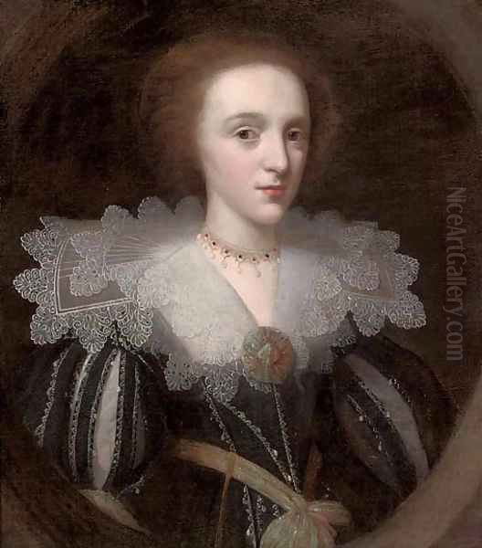 Portrait of a lady, half-length, in a black and white slashed dress with a lace collar, and green and gold embroidered rosette and sash Oil Painting by Johnson, Cornelius I