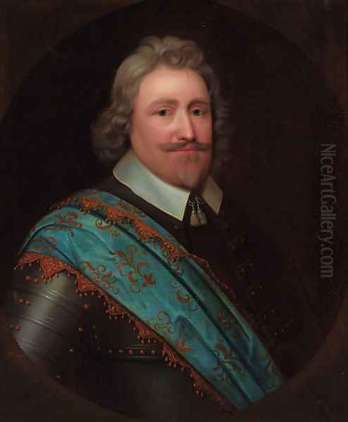 Portrait of a gentleman, bust-length, in armour and a blue sash, feigned oval Oil Painting by Johnson, Cornelius I