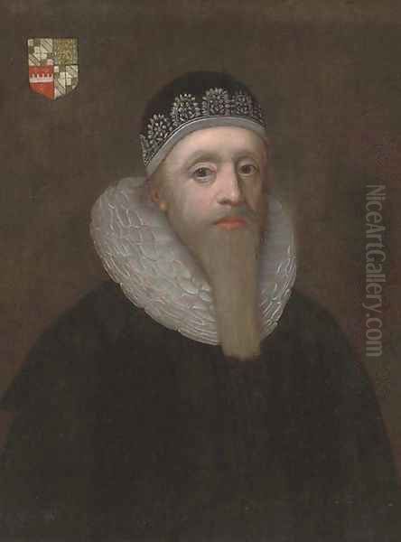 Portrait of a gentleman, half-length, in a black robe and white ruff Oil Painting by Johnson, Cornelius I