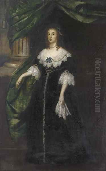 Portrait of a lady, full-length, in a black dress with lace collar and cuffs and pearl trimmed, by a green draped column Oil Painting by Johnson, Cornelius I