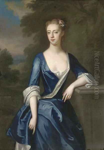 Portrait of a lady, three-quarter-length, traditionally identified as Elizabeth Patheriche, in a blue dress with a landscape beyond Oil Painting by Charles Jervas