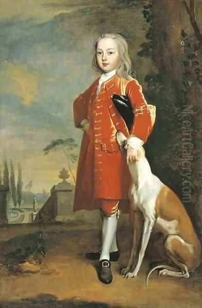 Portrait of a boy, full-length, in a red coat, a dog by his side, in a landscape Oil Painting by Charles Jervas