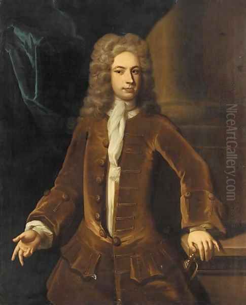 Portrait of a gentleman, three-quarter-length, in a brown coat, his left hand resting on a plinth, before a column Oil Painting by Charles Jervas