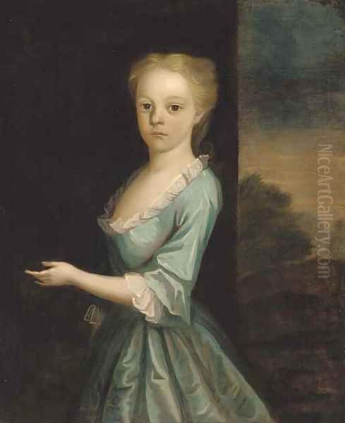 Portrait of a girl, standing three-quarter-length, in a turquoise dress, a landscape beyond Oil Painting by Charles Jervas