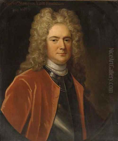 Portrait of Maurice Thompson, Lord Haversham, half-length, in a red coat and breastplate, feigned oval Oil Painting by Charles Jervas