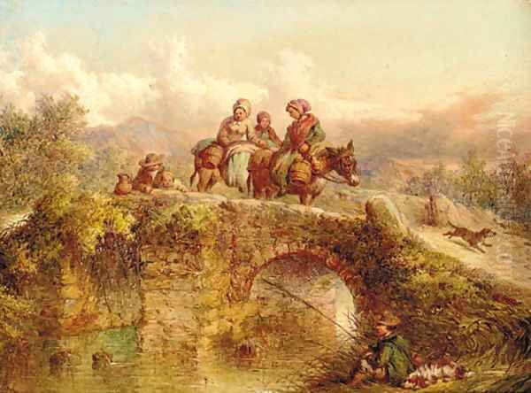 Travellers crossing a bridge with an angler on a river bank Oil Painting by Paul Jones