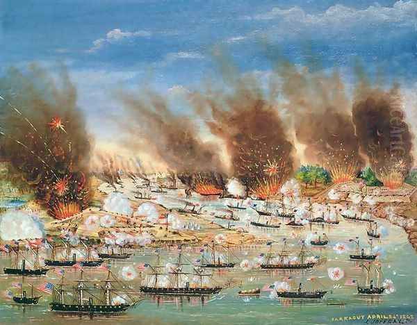 Farraguts fleet passing Fort Jackson and Fort St Philip Oil Painting by J. Joffray