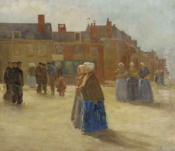 Figures in traditional dress in a sunlit street Oil Painting by Johan Antonio de Jonge