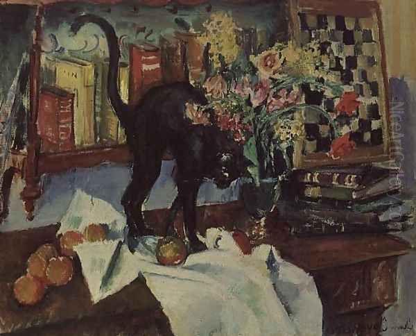 Still Life with a Cat Oil Painting by Jean Jovenau