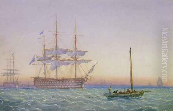 HM Frigates at Anchor Oil Painting by John and William Joy