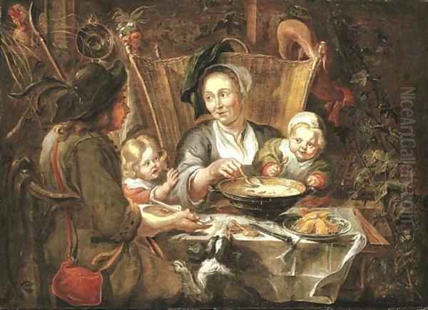 A peasant family dining in an interior Oil Painting by Jacob Jordaens