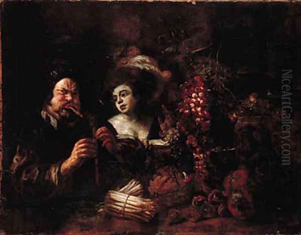 A bagpipe player and a lady by a table laden with fruit Oil Painting by Jacob Jordaens