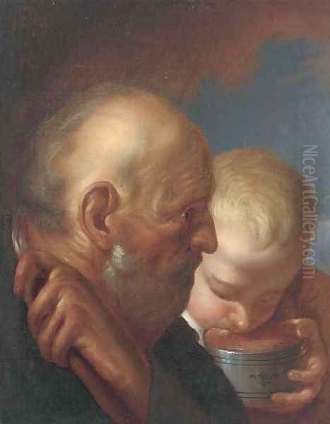 A man and a boy drinking from a bowl Oil Painting by Jacob Jordaens