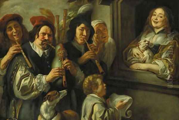 The Serenade Musicians serenading a woman at a window Oil Painting by Jacob Jordaens