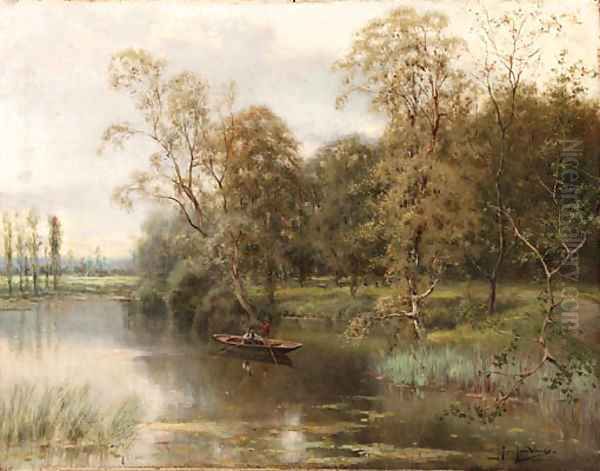 Boating on a tranquil lake Oil Painting by Jose Maria Jardines