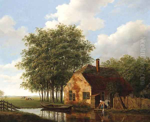 A Woman and Child outside a Cottage, Cattle grazing in a Meadow beyond Oil Painting by Johannes Janson