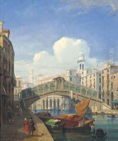 Figures before the Rialto bridge, Venice Oil Painting by Jules Romain Joyant