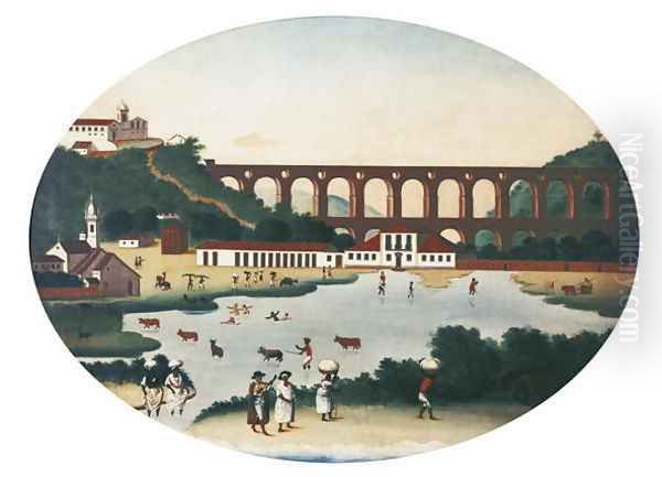 The Boqueirao Lagoon with the Lapa Aqueduct Rio de Janeiro Oil Painting by Leandro Joaquim