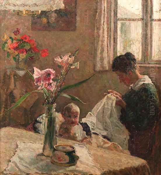 A sunlit interior with a mother sewing by a baby Oil Painting by Jacobus Frederik Sterre De Jong