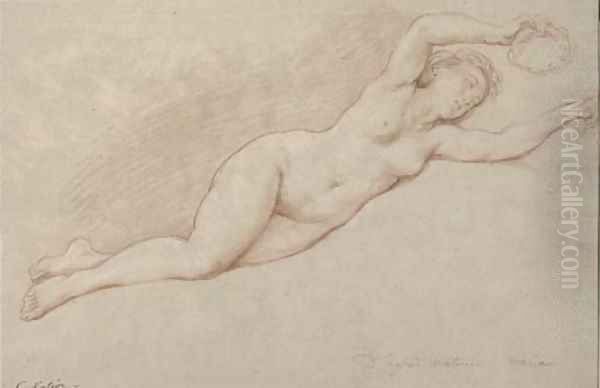 A reclining female nude holding a garland in her left hand Oil Painting by Nicolas-Rene Joullain