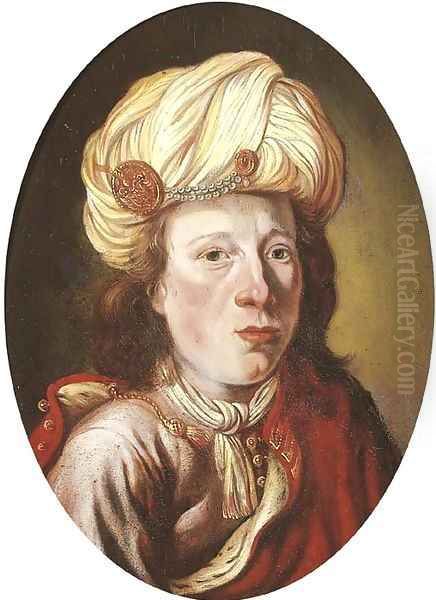 Portrait of a young man, small bust-length, in oriental costume Oil Painting by Isaac De Joudreville