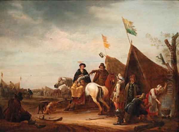 A military encampment with a lady on horseback before a tent Oil Painting by Jacob Martsen de Jonge