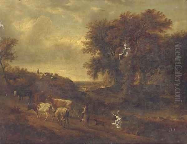 A wooded landscape with a herdsman and his cattle on a track Oil Painting by Philip Jakob