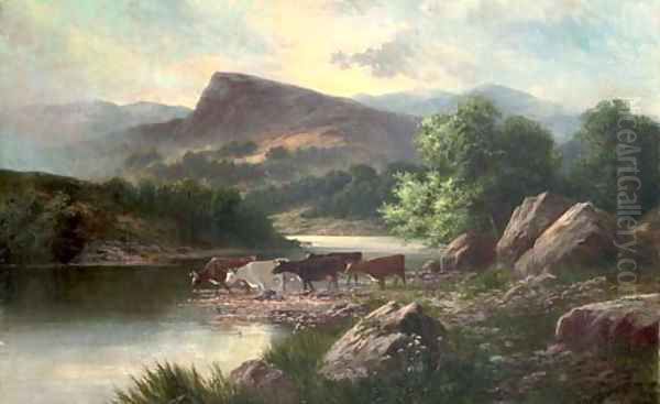 Cows watering in a mountainous river landscape Oil Painting by Sidney Yates Johnson