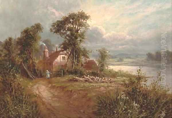 A figure outside a country cottage beside a river Oil Painting by Sidney Yates Johnson