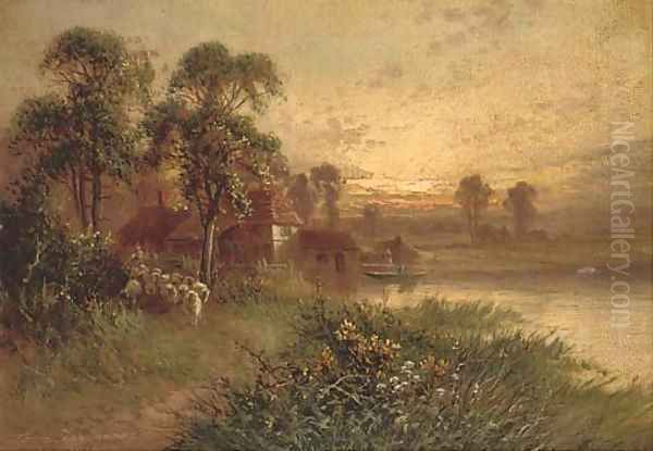 A shepherd with his flock on a path Oil Painting by Sidney Yates Johnson