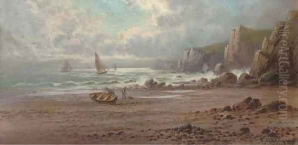 Fisherfolk on a beach Oil Painting by Sidney Yates Johnson