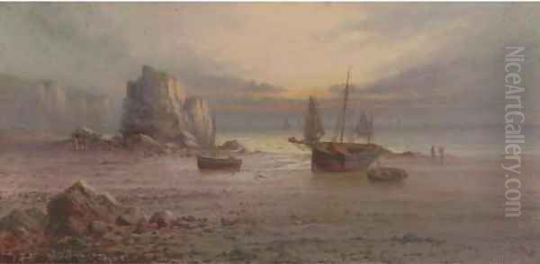 The sun setting over a rocky beach Oil Painting by Sidney Yates Johnson