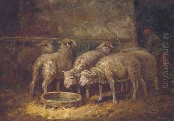 Sheep watering in a stable Oil Painting by Charles Emile Jacque