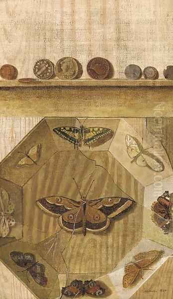 A trompe l'oeil of a butterfly display and coins on a ledge Oil Painting by Gabriel-Germain Joncherie