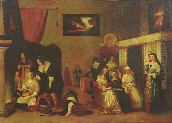 Elegant ladies visiting the mother of a new baby Oil Painting by Hieronymus Janssens