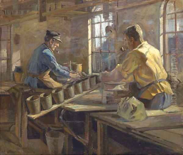 Turning the clay in the pottery Oil Painting by G. Horning Jensen