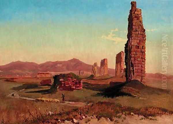 A shepherd with his sheep by a ruined aquaduct on the Roman Campagna by Holger Hvitfeldt Jerichau