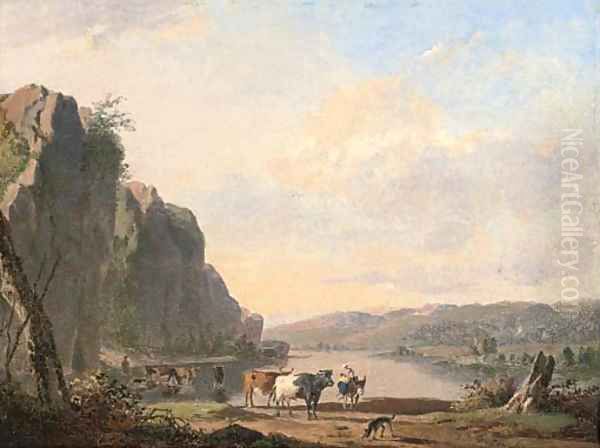 A mountainous landscape with cattle watering by a river Oil Painting by Jan Baptiste de Jonghe