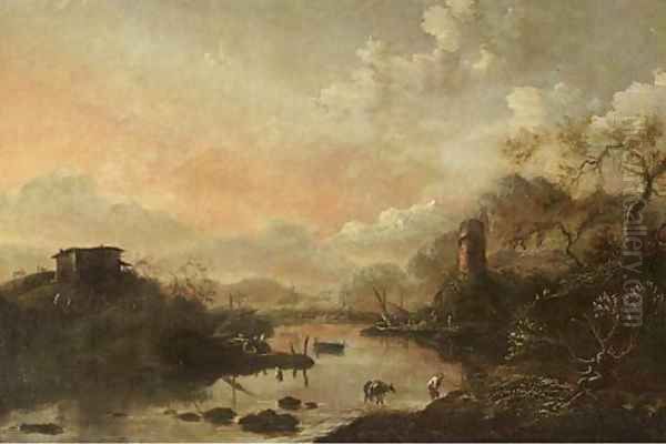 An evening Italianate landscape with peasants crossing a river, fishermen drawing in their nets nearby Oil Painting by Hans De Jode