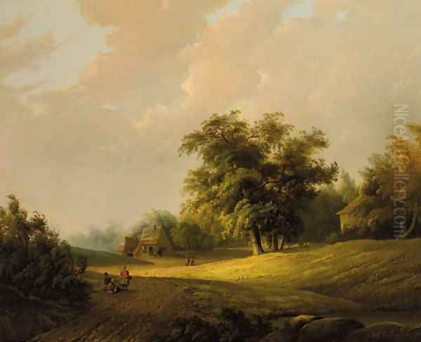 Peasants on a sandy trail in a wooded landscape Oil Painting by Johan Maurisz Jansen