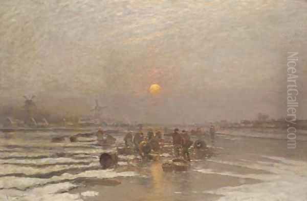 Ice fishing at dusk Oil Painting by Johann Jungblutt