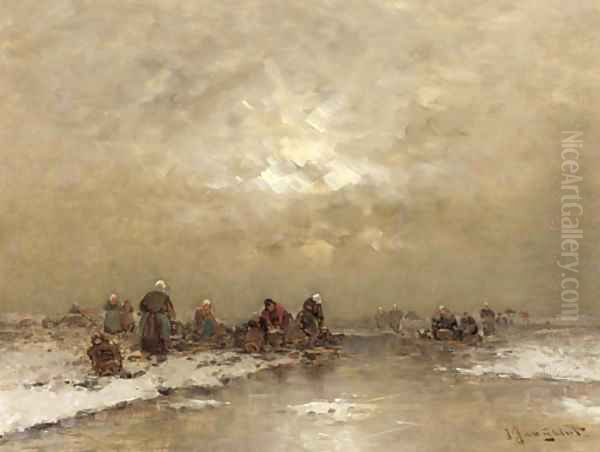 Fishermen at work in a frozen winter landscape Oil Painting by Johann Jungblutt